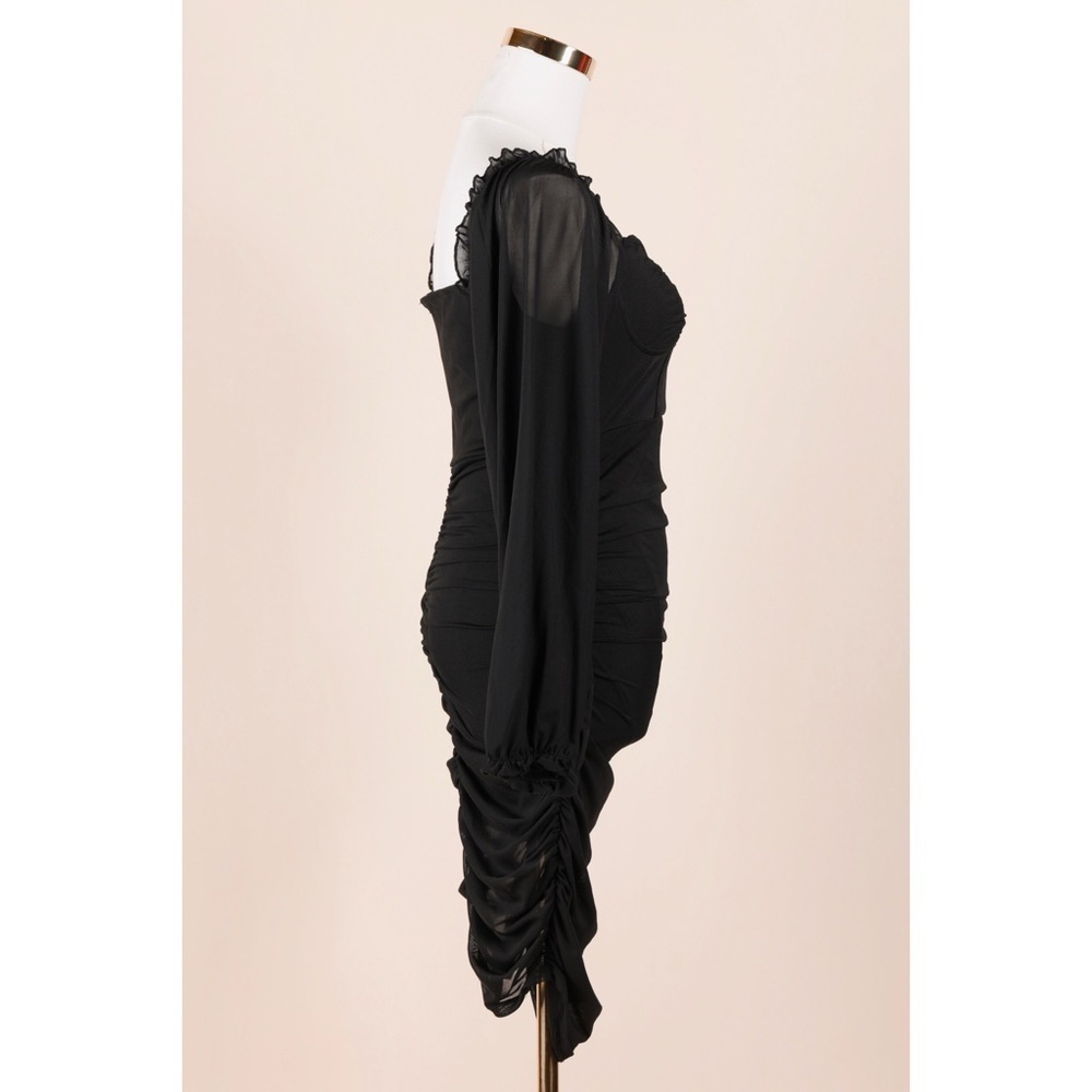 Sz M Almost Famous Mesh Ruched Sleeve Bustier Bodycon Dress In Black GUC - Picture 3 of 6